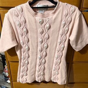 Vintage Elegant Pink Sweater with Pearl Accents